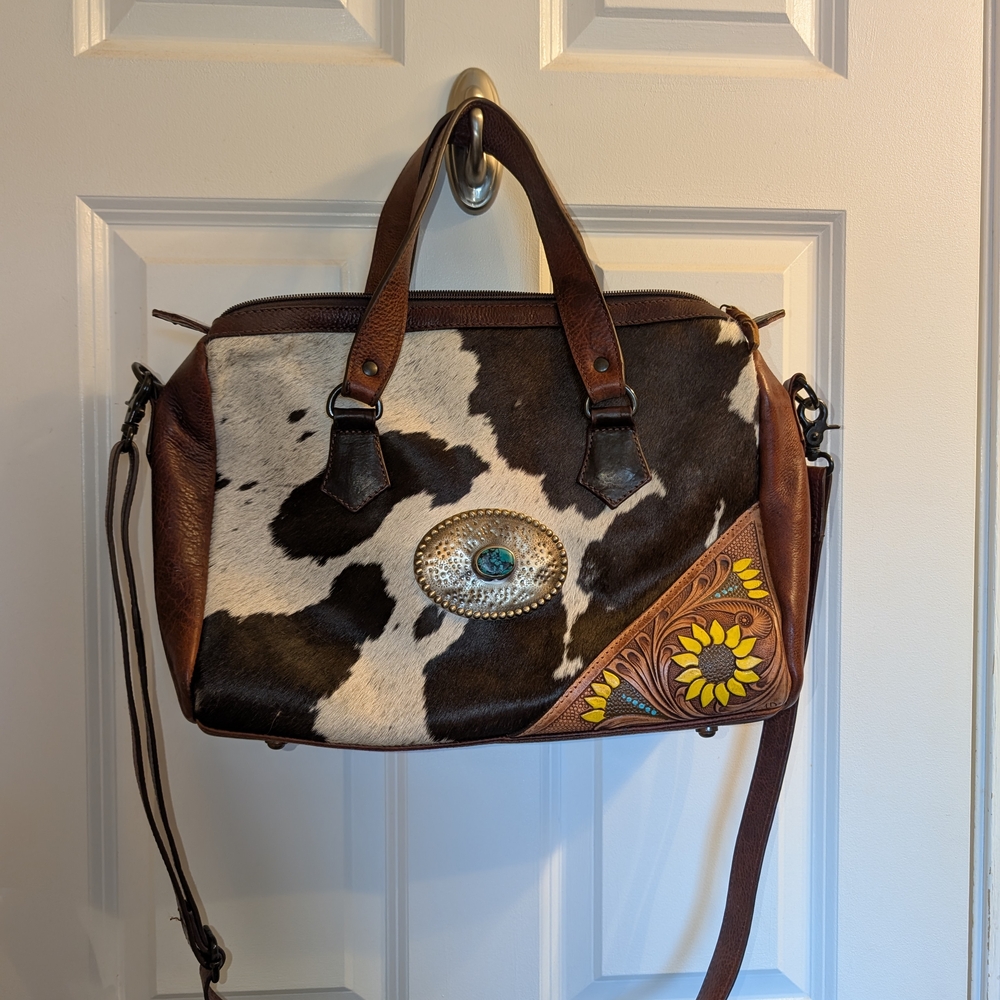 American Darling Brown and White Crossbody Bag with Cow Print